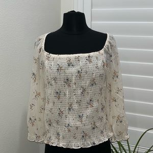 Flower Frill Trim Shirred Blouse